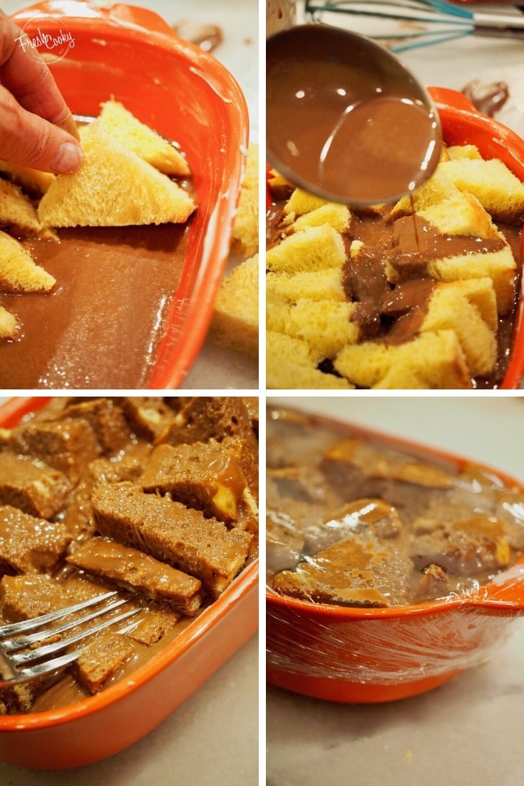 Process shots for chocolate bread pudding. 1. adding triangles of challah bread to pan. 2. ladle of chocolate mixture pouring over challah bread slices. 3. Fork pressing bread slices into chocolate mixture. 4. plastic wrap pressed firmly over the top.