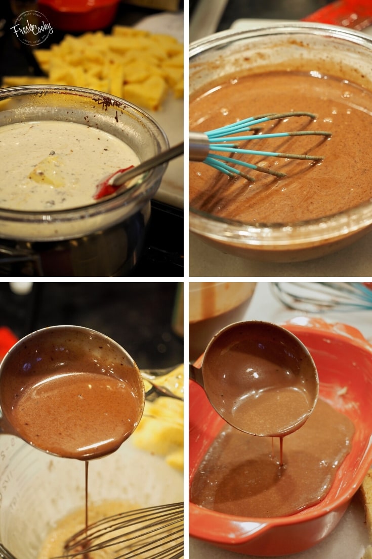 Process shots double boiler, melting chocolate, cream and butter. 2. whisking chocolate mixture 3. Adding warm chocolate to egg mixture. 4. adding warm egg chocolate sauce to bottom of pan.
