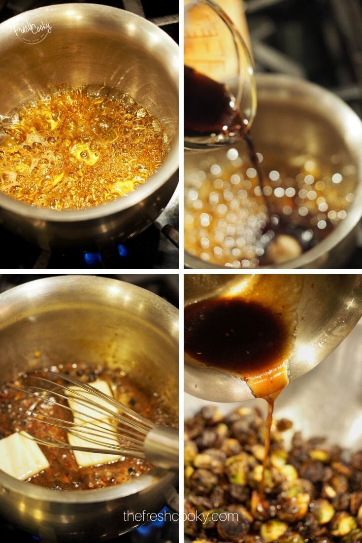 Process shots of honey boiling in small pan, adding balsamic vinegar, adding butter pats and then pouring onto roasted brussels. 