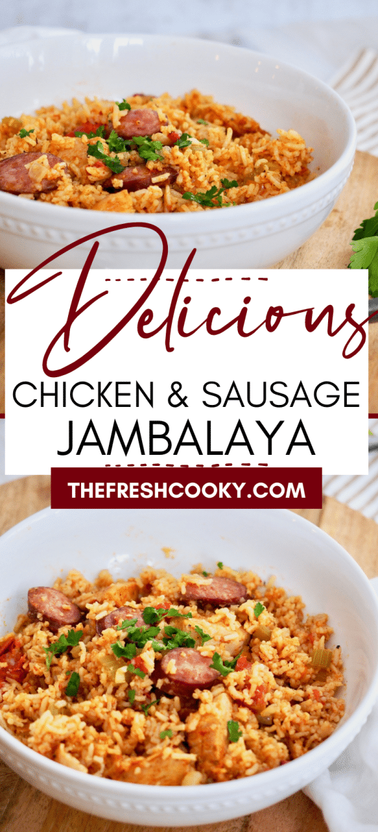 Pin for Delicious Instant Pot Chicken and Sausage Jambalaya with top image of bowl of jambalaya with chicken and sausage.