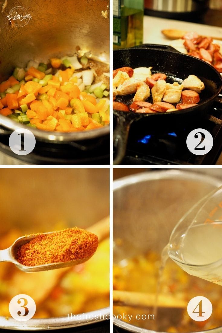 Process image shots, left to right, 1. sauteeing onions, peppers and celery in instant pot. 2. quickly browning chicken and sausage in cast iron pan, 3. adding cajun seasoning. 4. pouring in chicken broth. 