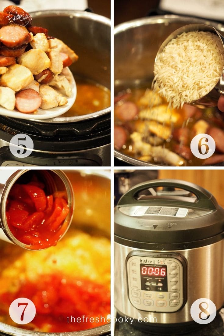 Process shots, from left to right. 5. pouring in browned chicken and sausage. 6. pouring in long grain white rice. 7. Pouring in diced tomatoes. 8. Instant Pot with time on 6 minutes.