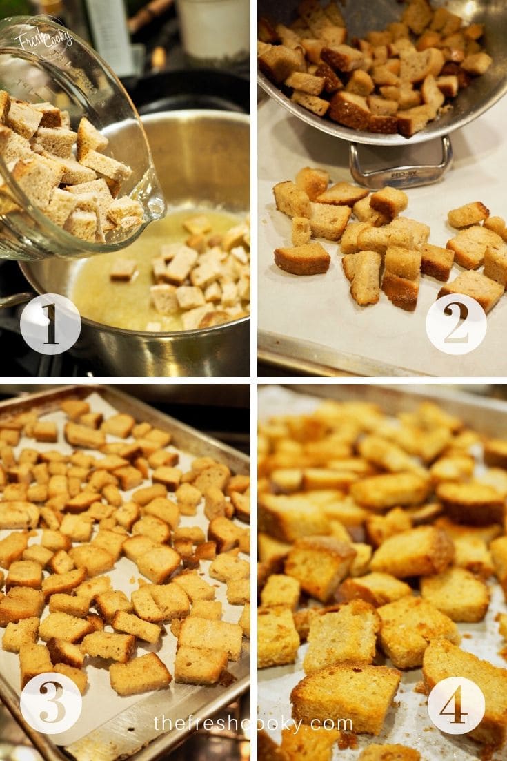 Process shots for homemade croutons, L-R tossing bread cubes in melted butter, pouring onto baking sheet, crisping in oven and finished croutons.