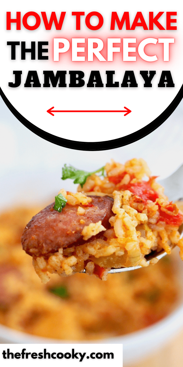 Instant Pot Jambalaya pin easy chicken and sausage jambalaya, with spoonful of jambalaya with sausage on top.