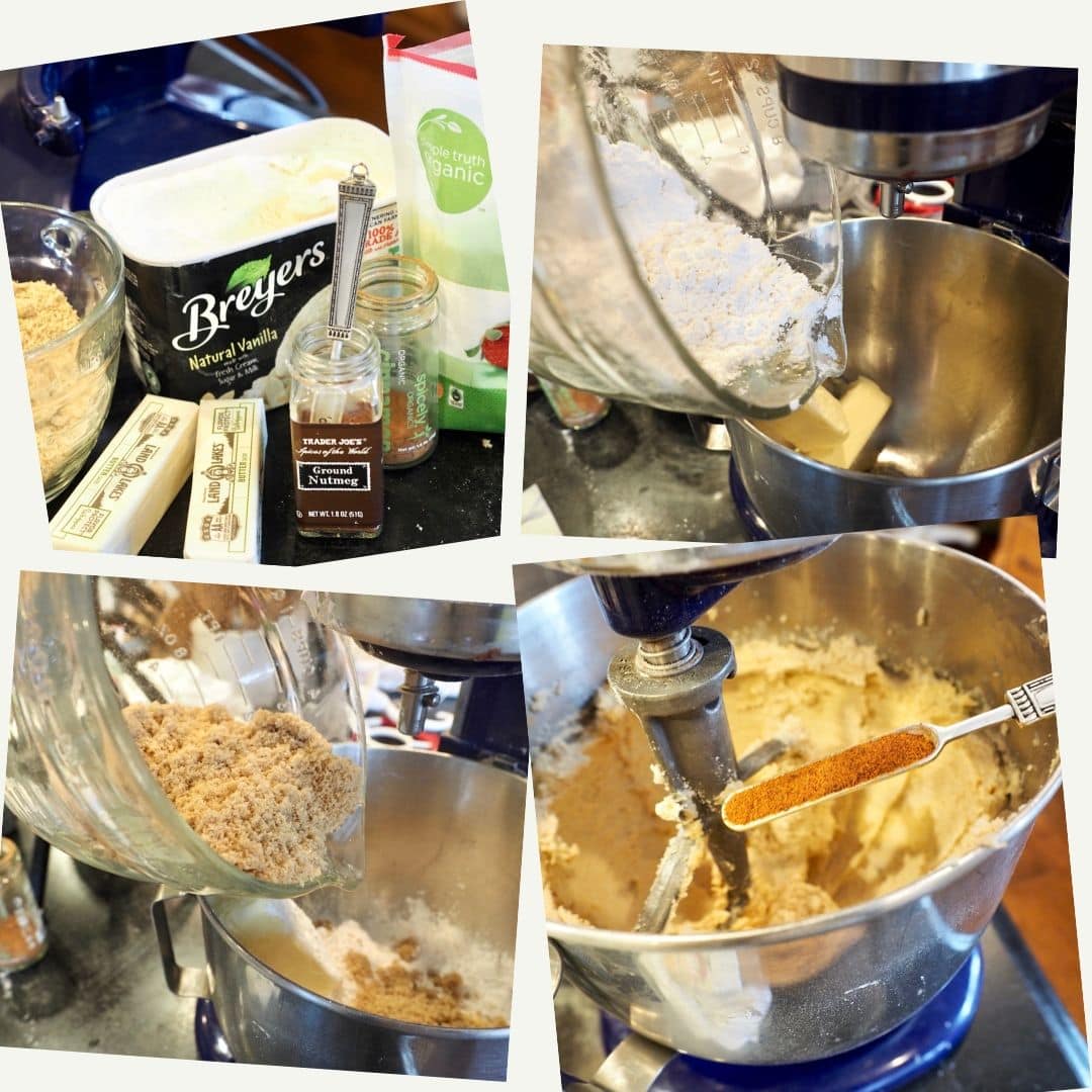 Process shots for hot buttered rum. 1. ingredients ice cream, brown sugar, butter, nutmeg, powdered sugar and cinnamon. 2. pouring sugars into mixer. 3. pouring brown sugar into mixer. 4. adding spices.