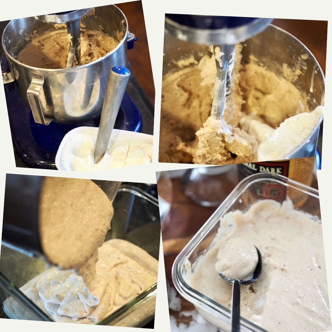 Process shots for hot buttered rum batter. 1. Adding ice cream to mixture. 2. mixing in ice cream. 3. Pouring batter into freezer bowl. 4. scooping out batter mixture