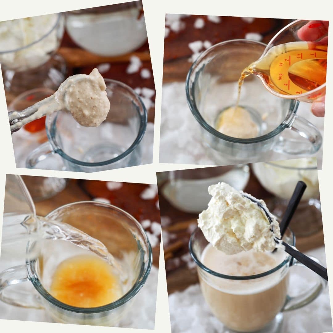 Process shots for making hot buttered rum. 1. Add batter to mug. 2. add rum 3. pour in hot water. 4. add whipped cream.