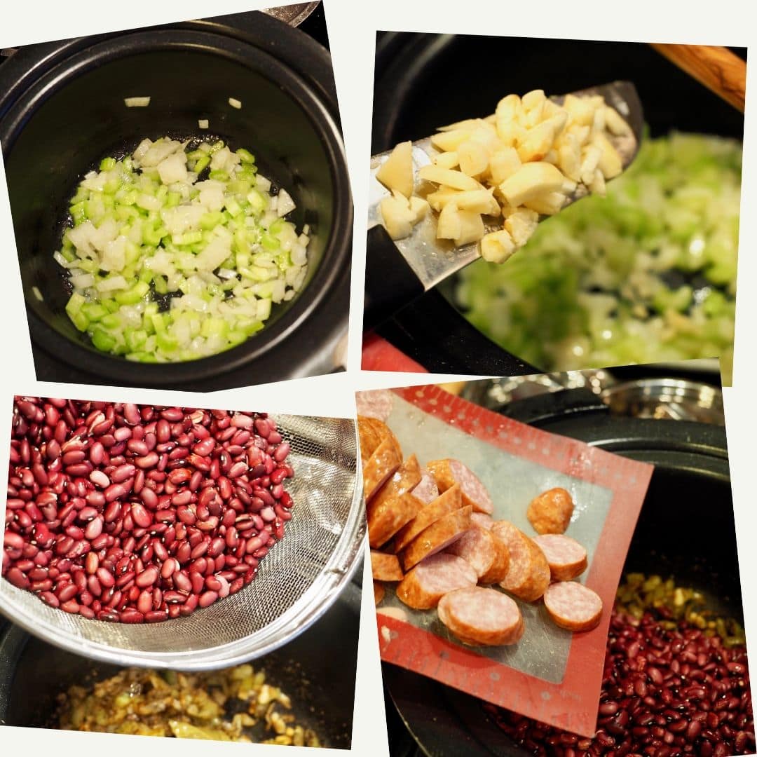 Process shots for slow cooker red beans and rice, L-R Onions, Celery and oil in slow cooker bottom, Adding minced garlic to veggies, Adding rinsed red beans to crockpot and finally adding smoked sausage to the crockpot. 
