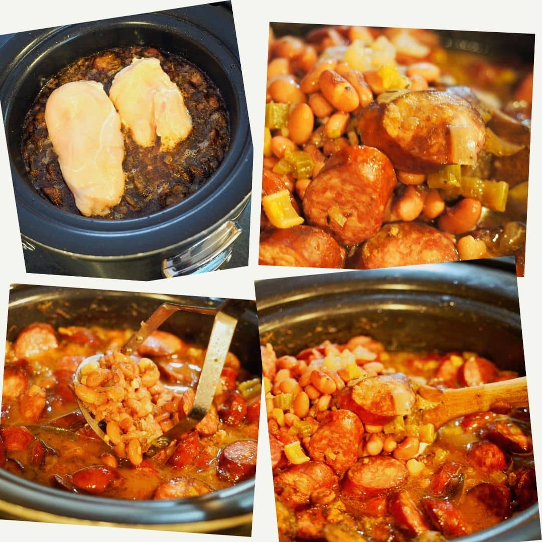 Adding chicken breasts to partially cooked crockpot of red beans and rice 2) close up image of cooked red beans and rice 3) mashing beans to thicken; 4) serving Red Beans and Rice with wooden spoon. 