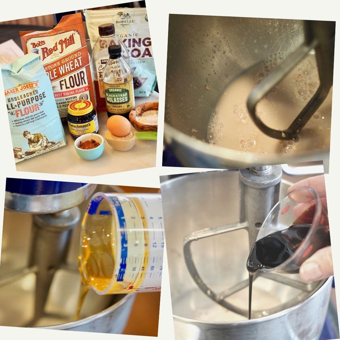 Process shot for brown bread rolls. 1. all purpose flour, wheat flour, baking cocoa, molasses, honey, salt, sugar, egg and yeast. 2. Yeast and water in mixing bowl. 3. adding honey. 4. adding molasses