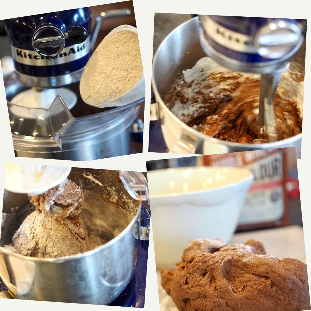 Process shots for molasses brown bread. 1. adding flour to mixer. 2. mixing in cocoa. 3. bread on dough hook. 4. dough ready for first rise.