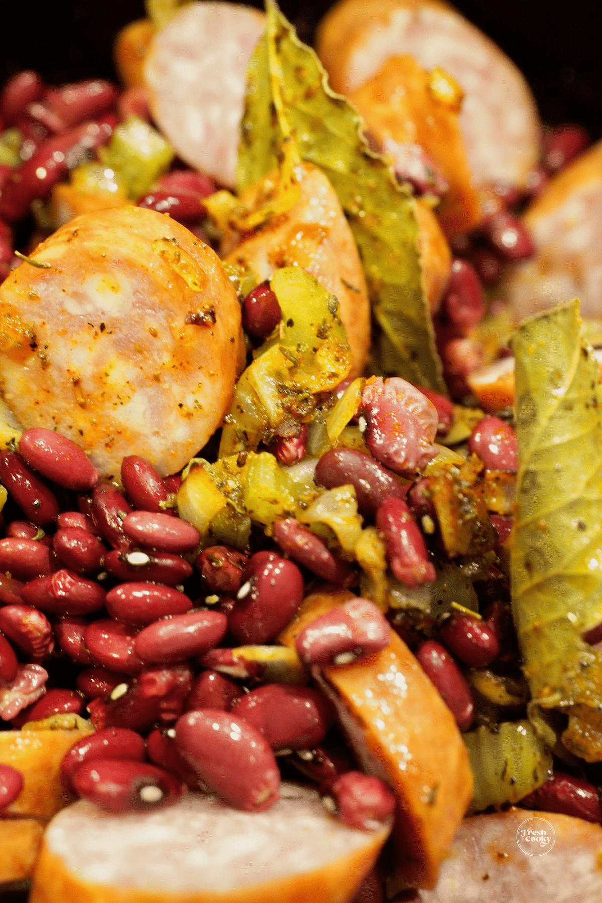 Close up of red beans and rice in slow cooker.