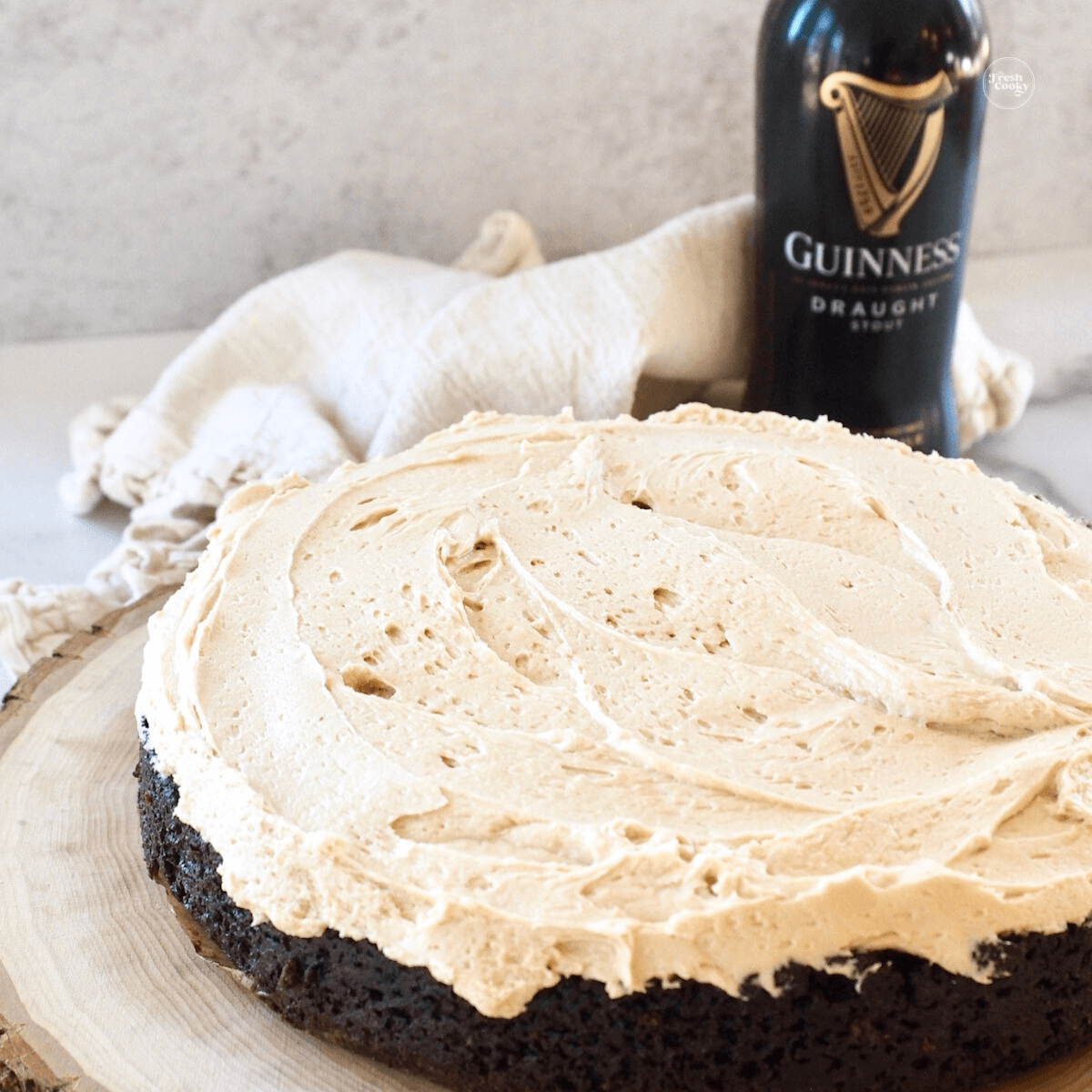 Single layer chocolate fudgy Guinness cake with Irish buttercream.