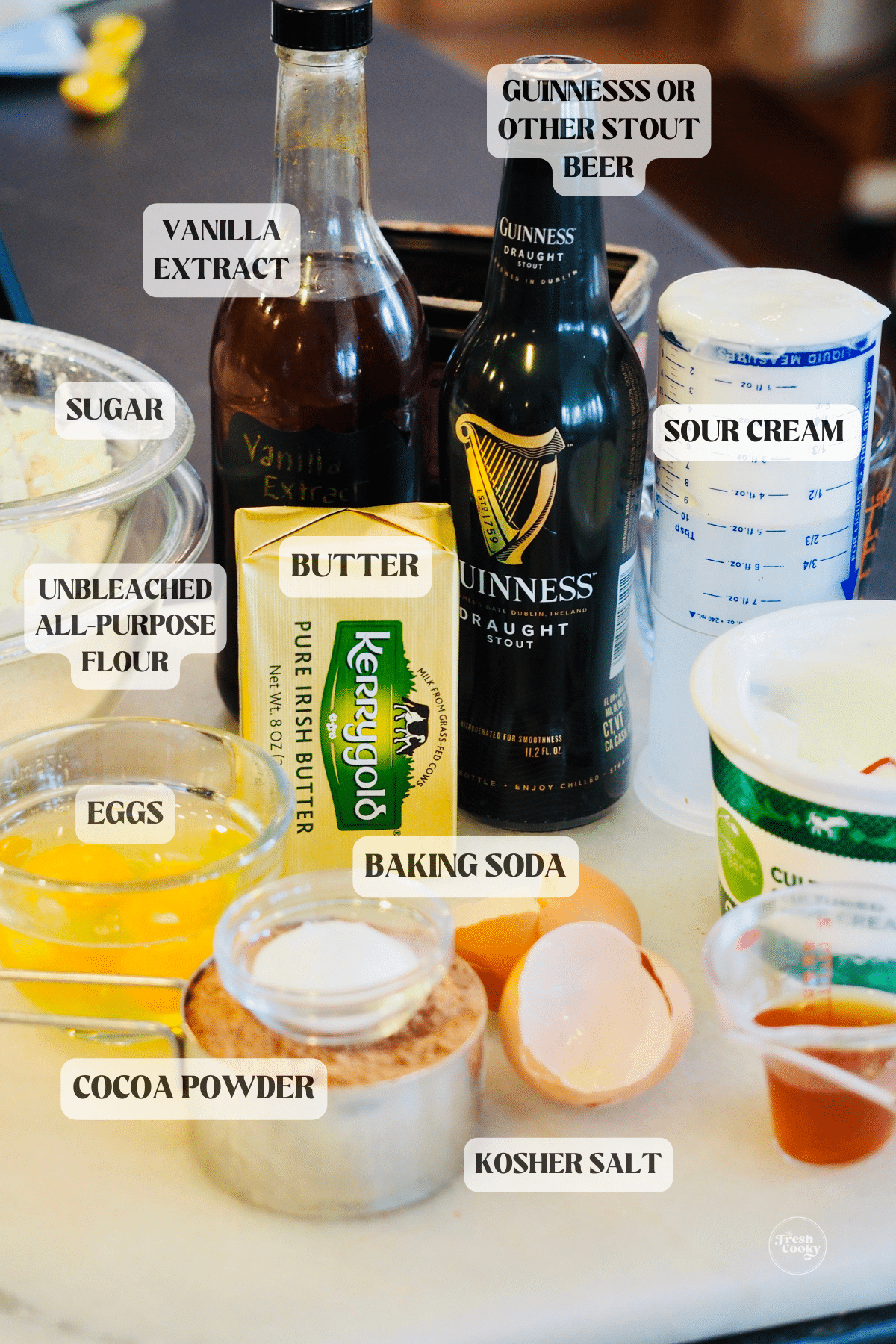 Labeled ingredients for chocolate Guinness cake.
