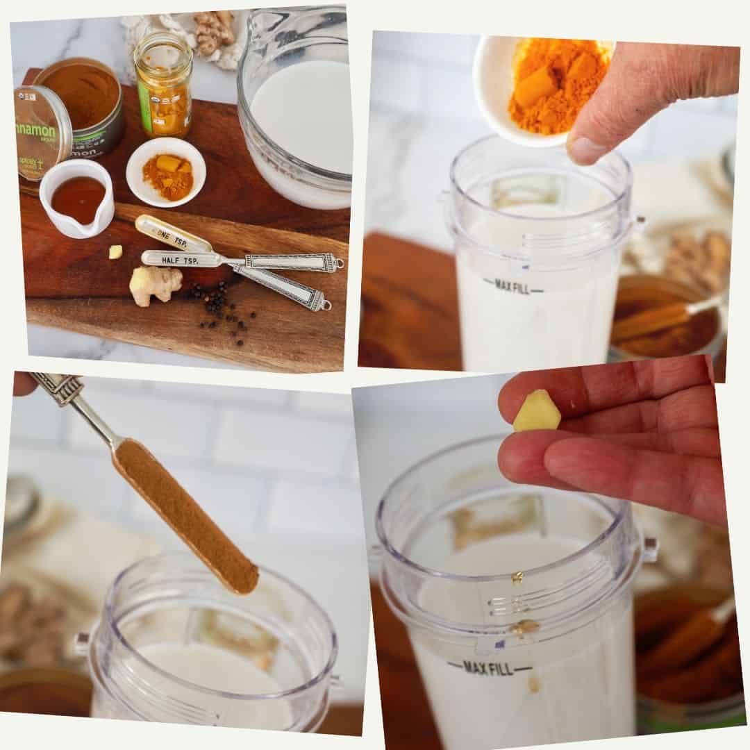 Process shots for turmeric tea golden milk, ingredients on cutting board, adding spices, adding cinnamon, adding ginger.