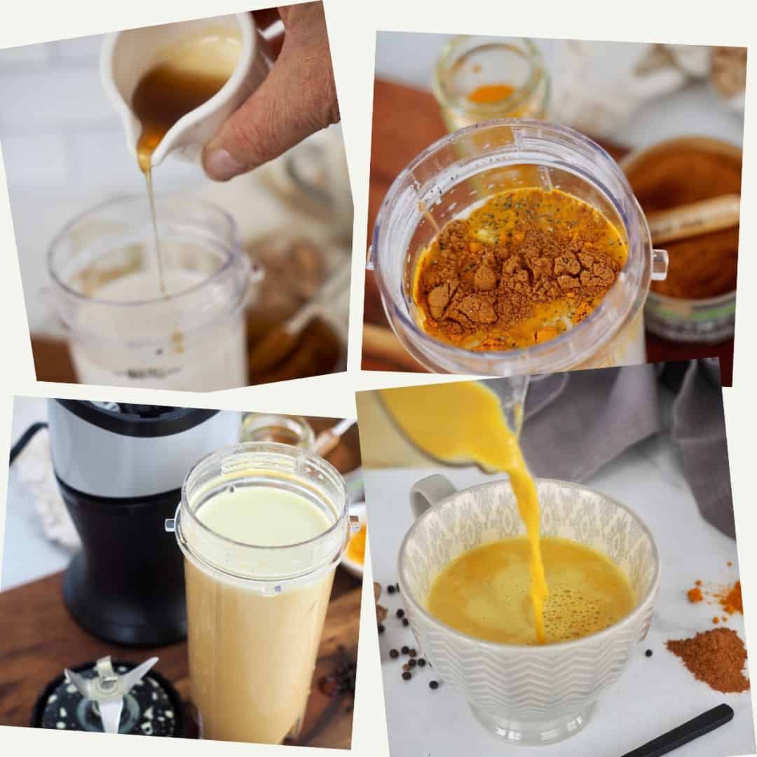 Process shots for making Golden Milk Turmeric Tea. 1. Adding maple syrup, 2. spices added 3. post blending 4. post heating and pouring into mug.