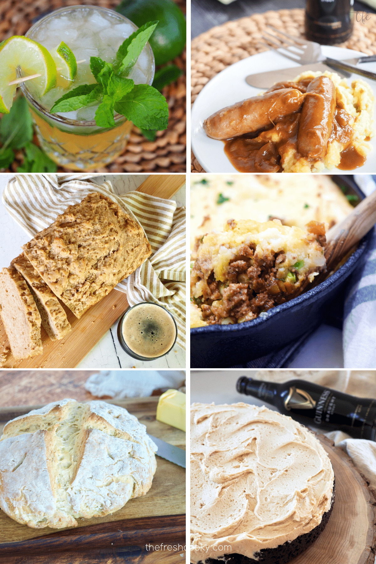 6 grid image of Irish St. Patrick's Day Recipes, from Irish Whisky to Bangers and Mash, Beer bread, Shepherd's Pie, Soda bread and Guinness Chocolate cake.