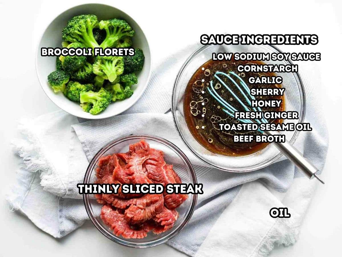 Labeled ingredients for beef and broccoli healthy. 
