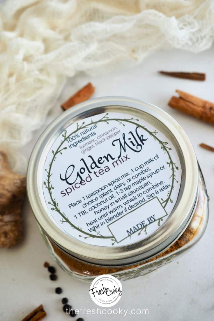 Jar of Golden Milk Spice Tea Mix with label on top.