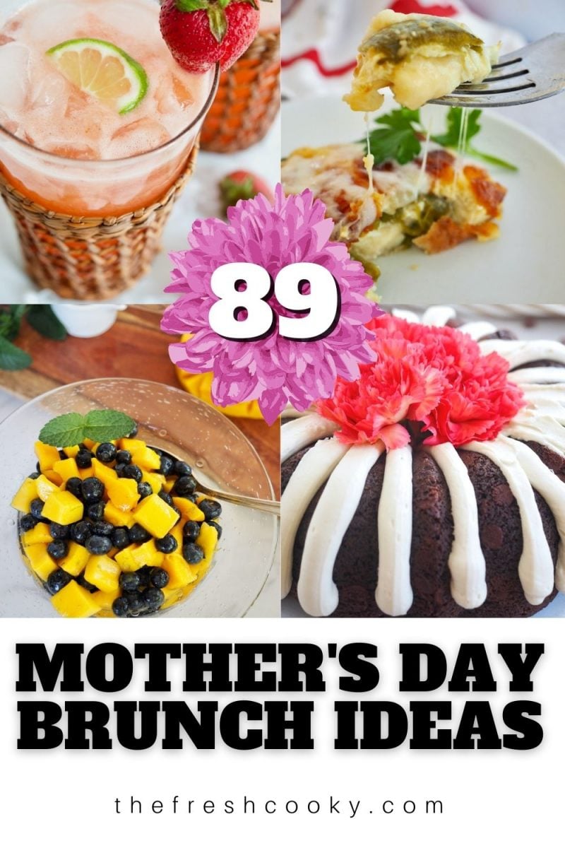 Pin for 89 best Mother's Day pin, with 4 images L-R Strawberry Gin Tonic, Chile Relleno Casserole, Tropical Salad, Copycat Nothing Bundt Cake.
