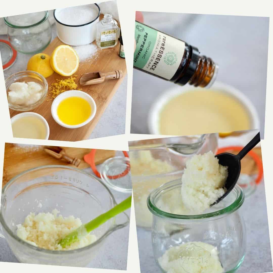 Process shot for antibacterial hand scrub, top ingredients for hand scrub, 2) adding peppermint essential oil 3) stirring hand scrub, 4) spooning into pretty jars.