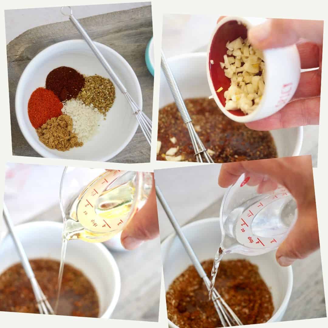 Process shots for Chipotle chicken marinade, top to bottom, left to right. Spices with chipotle powder, chili powder, salt, oregano, cumin and pepper; second is a small bowl of minced garlic being tossed into the spice bowl, 3 pouring oil into bowl of spices, 4 is pouring vinegar into bowl of oil and spices with whisk.  