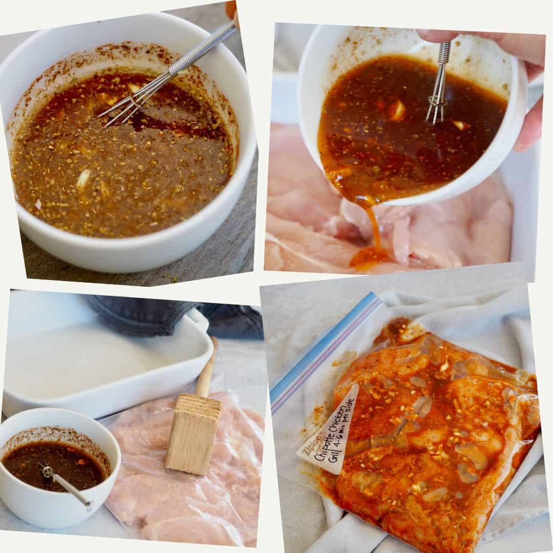 Four process shots of marinade mixture for Chipotle Chicken. Left to right, top to bottom; marinade in white bowl with mini whisk, marinade being poured over raw chicken breasts, marinade and chicken in plastic baggie with wooden mallet on top for flattening chicken, final is of a ziplock baggie with Chipotle marinade and raw chicken in baggie with written directions to Grill Chipotle chicken for 4-6 minutes per side.