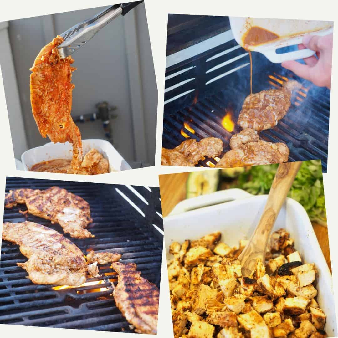 Four process shots for Chipotle Chicken: Left to right, top to bottom. Pulling chicken breast from marinade with tongs; 2. pouring marinade over top of grilling chicken; 3 grilled chicken breasts on grill with fire below; 4 chopped chipotle chicken in white dish with wooden spoon. Recipe via thefreshcooky.com 