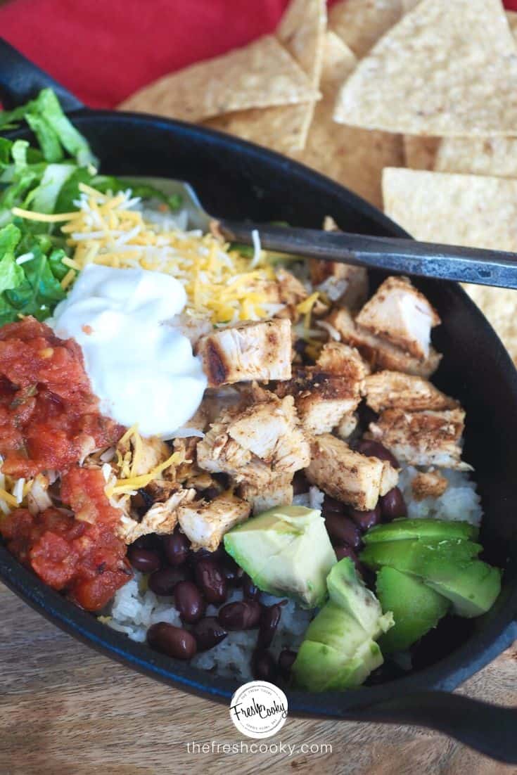 Juicy tender, chipotle chicken diced and in a burrito bowl.