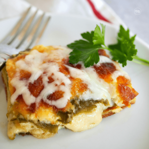 Chile Relleno Casserole Recipe slice on a plate garnished with cilantro.