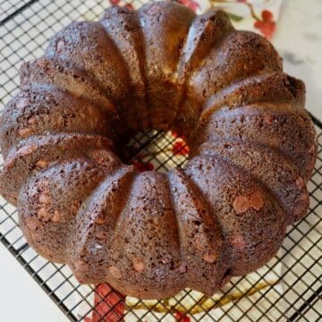 Full sized chocolate chocolate chip bundt cake on cooling rack.