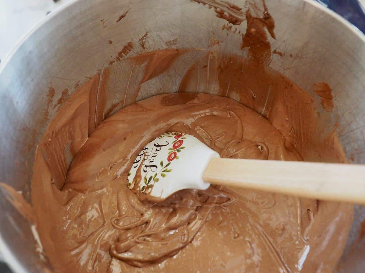 Chocolate Chocolate Chip nothing bundt cake batter in mixing bowl. 