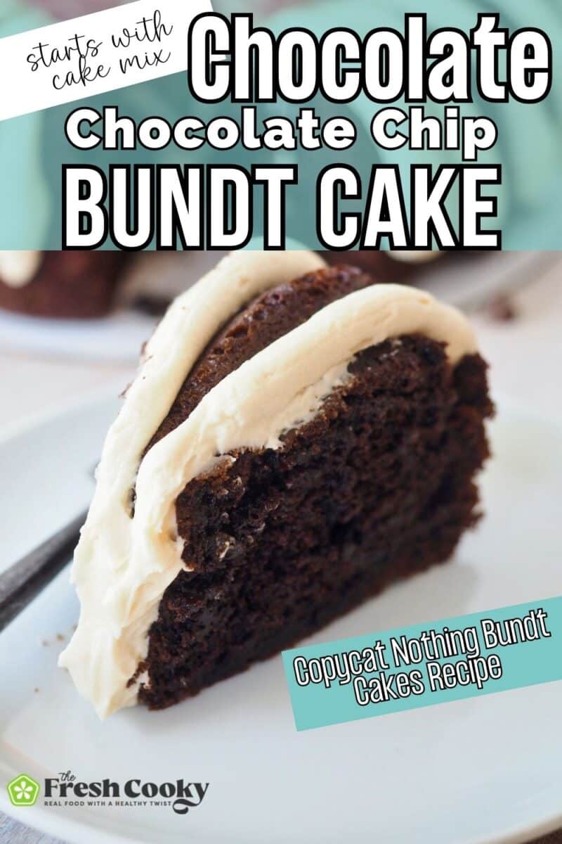 Slice of rich chocolate cake on a plate with a fork to pin.