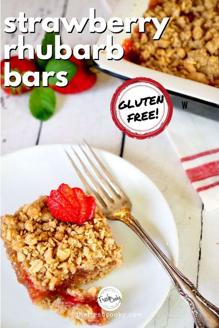 Pin for strawberry rhubarb bars gluten-free with image of square of rhubarb bar on plate with fork. 