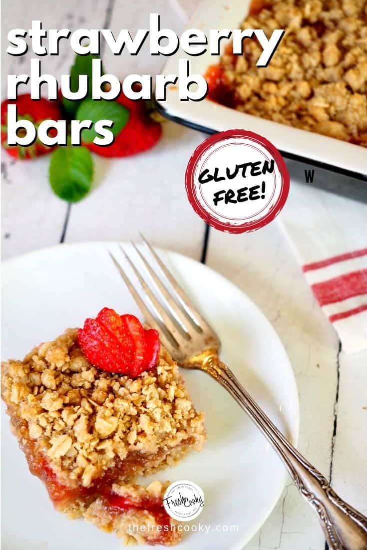 Pin for strawberry rhubarb bars gluten-free with image of square of rhubarb bar on plate with fork.