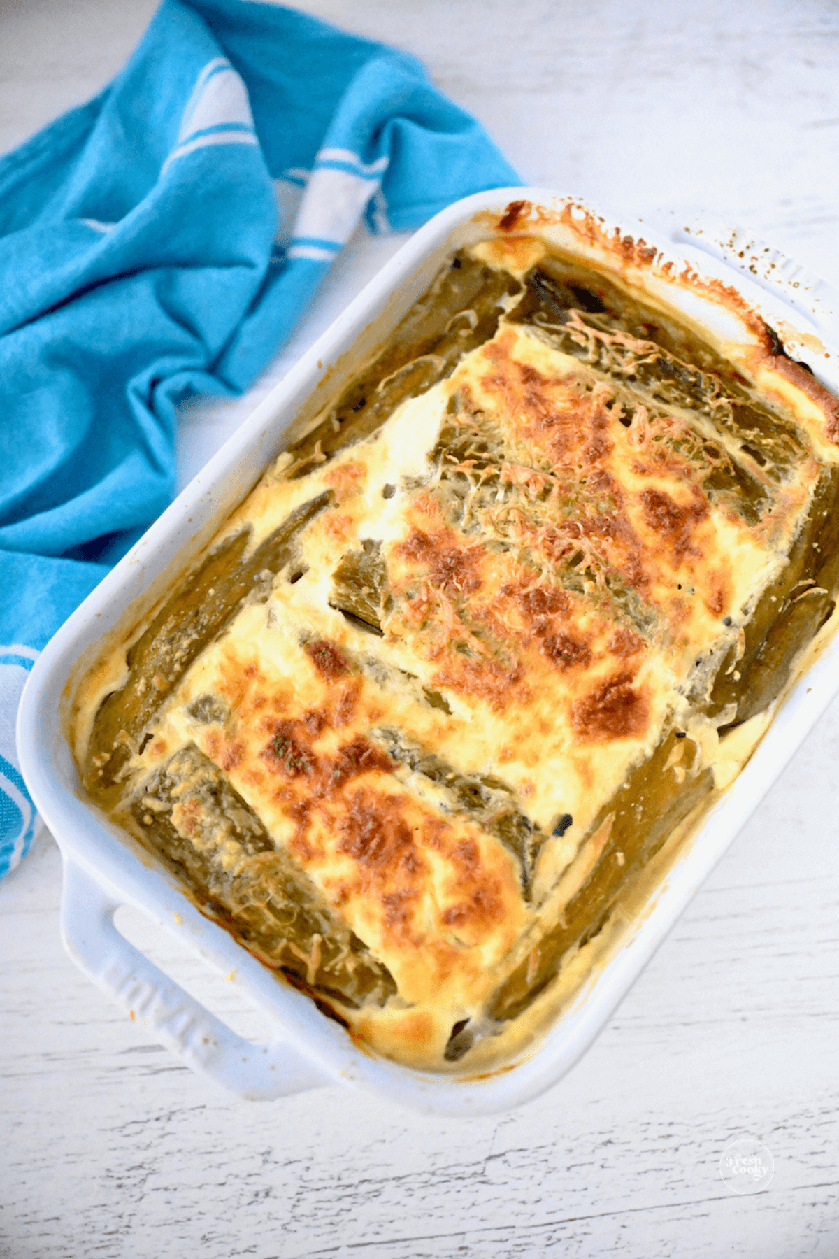 Bubbly fresh baked chile relleno casserole just out of the oven.