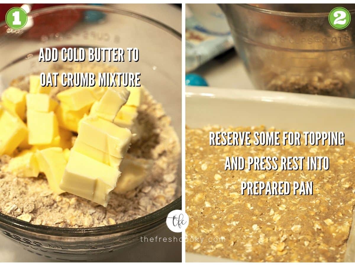 Process shots for Strawberry Rhubarb Crisp 1) cold butter in dry ingredients 2) crust pressed into pan.