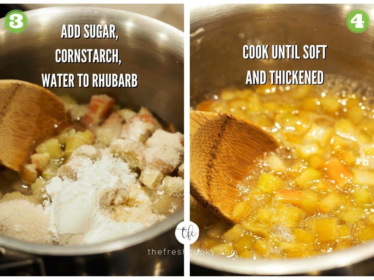 process shot for strawberry rhubarb crumb bars 3) sugar, cornstarch in rhubarb mixture 4) cooked down rhubarb mixture.