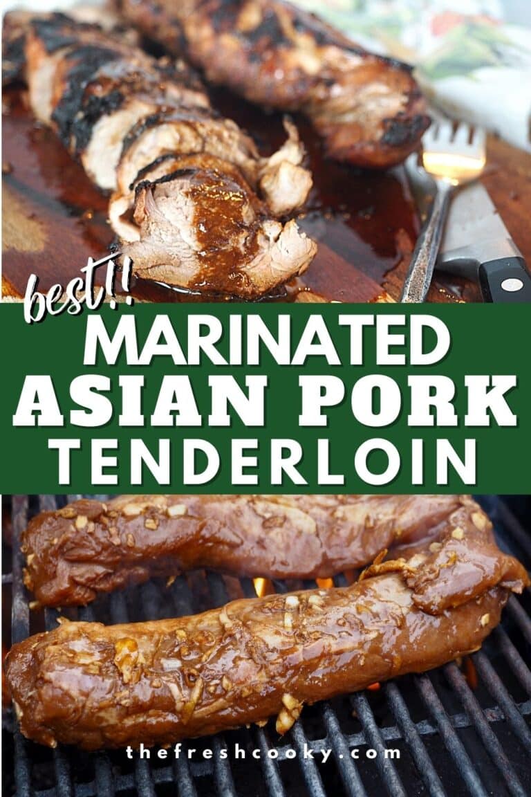 Marinated pork tenderloin for grilling, showing marinating and after slicing, to pin.