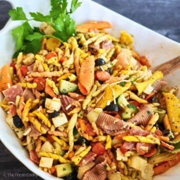 Antipasto Pasta Salad with oodles of veggies, meats and pasta tossed in a balsamic vinaigrette.