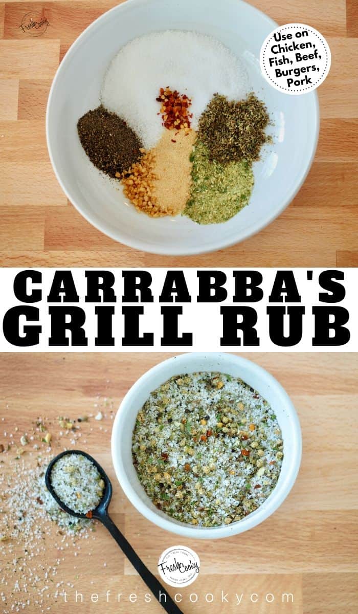 Pinterest Image with two images, one with white bowl and grill rub spices in bowl, second below with mixed spice rub mix and black spoon. 