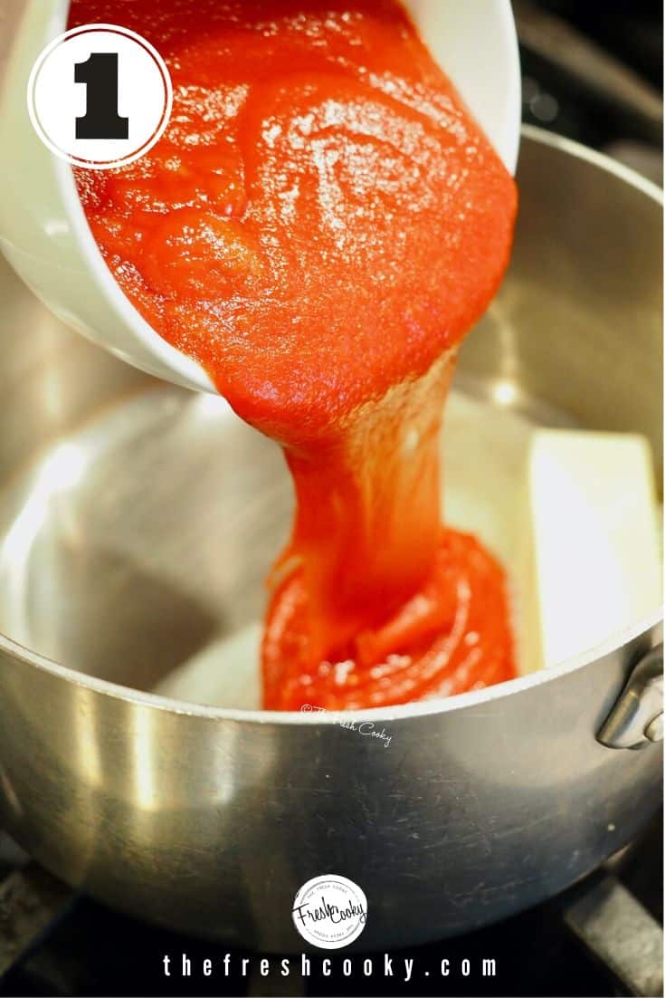 Pouring ketchup into sauce pan with butter.