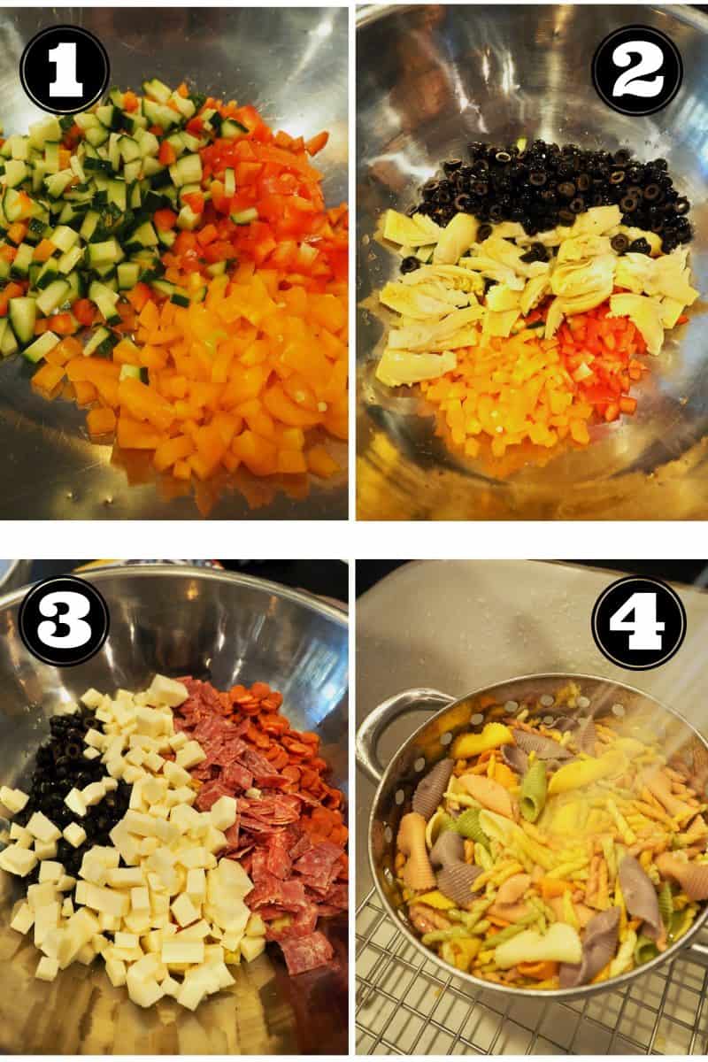 Process Shots for Antipasto salad. 1. chopped bell peppers (orange, red and yellow) chopped cucumber. 2. chopped olives, chopped artichoke hearts. 3. chopped cheeses, pepperoni and salami. 4. rinsing tricolor pasta.