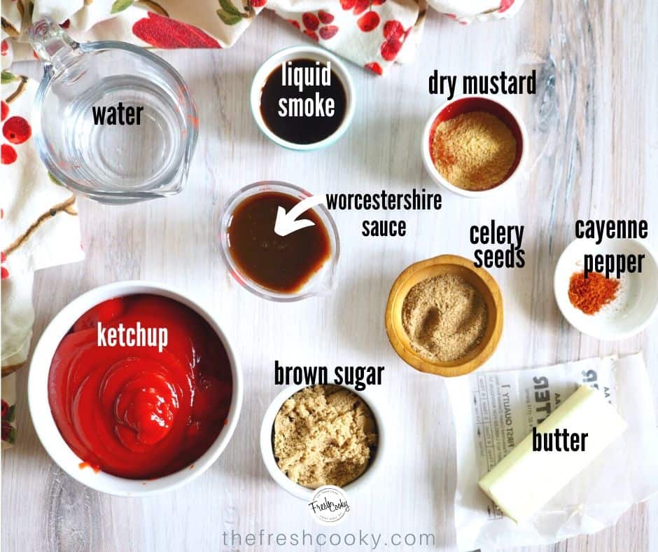 homemade barbecue sauce ingredients with text overlay over each ingredient.