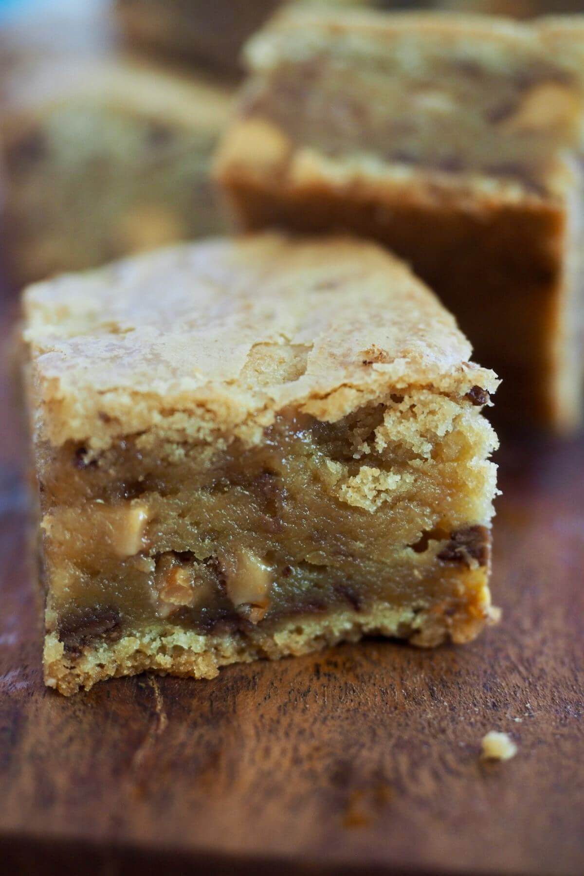 Close-up of chewy blondie recipe.
