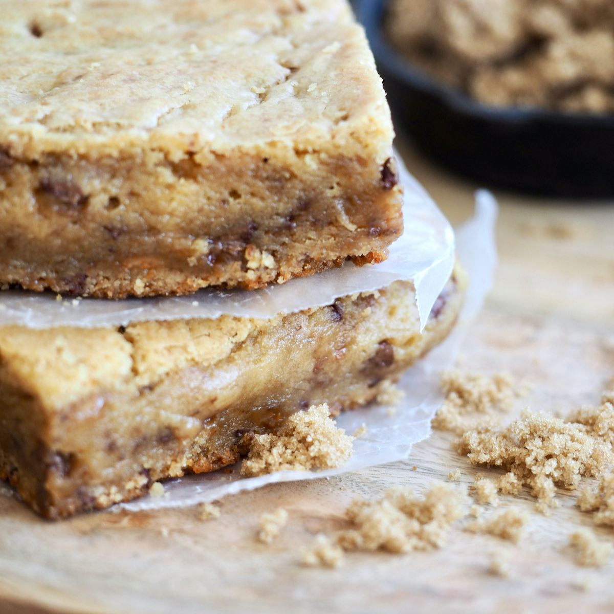 Chewy soft, blondie bars made with brown sugar and butterscotch chips. 