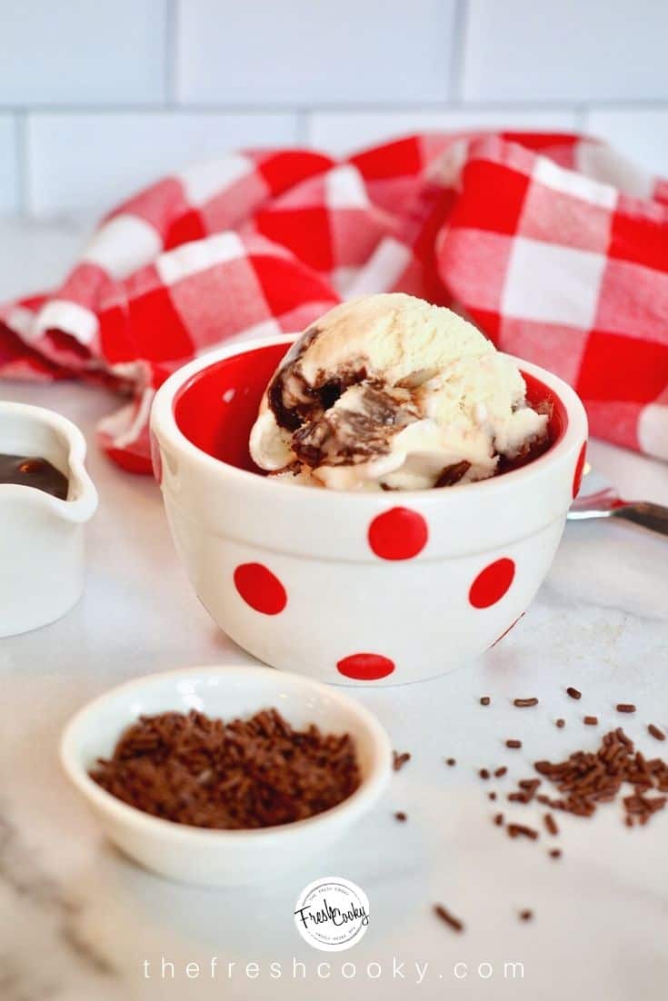 red and white polka dot bowl filled with fudge ripple ice cream, red and white gingham checked napkin in background with chocolate jimmies in small white bowl