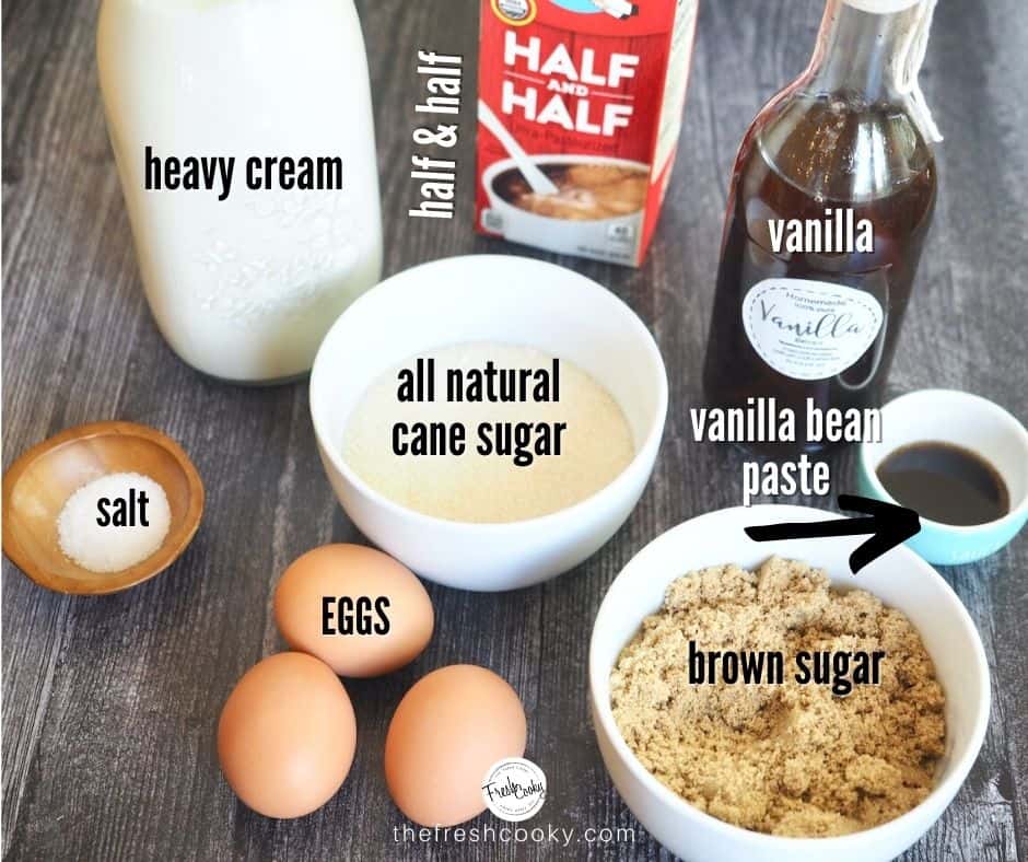 ingredients for homemade vanilla ice cream. Left to right. Heavy Cream, half and half, vanilla extract. salt, cane sugar, vanilla bean paste, eggs and brown sugar