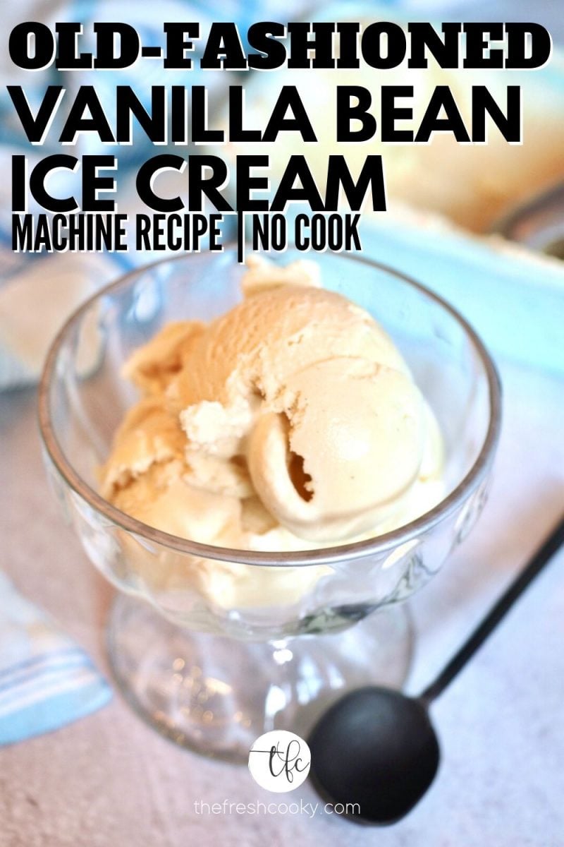 Pin for No cook Old-Fashioned Vanilla Bean Ice Cream with scoop of vanilla in a bowl with a black spoon, ice cream in container in background.