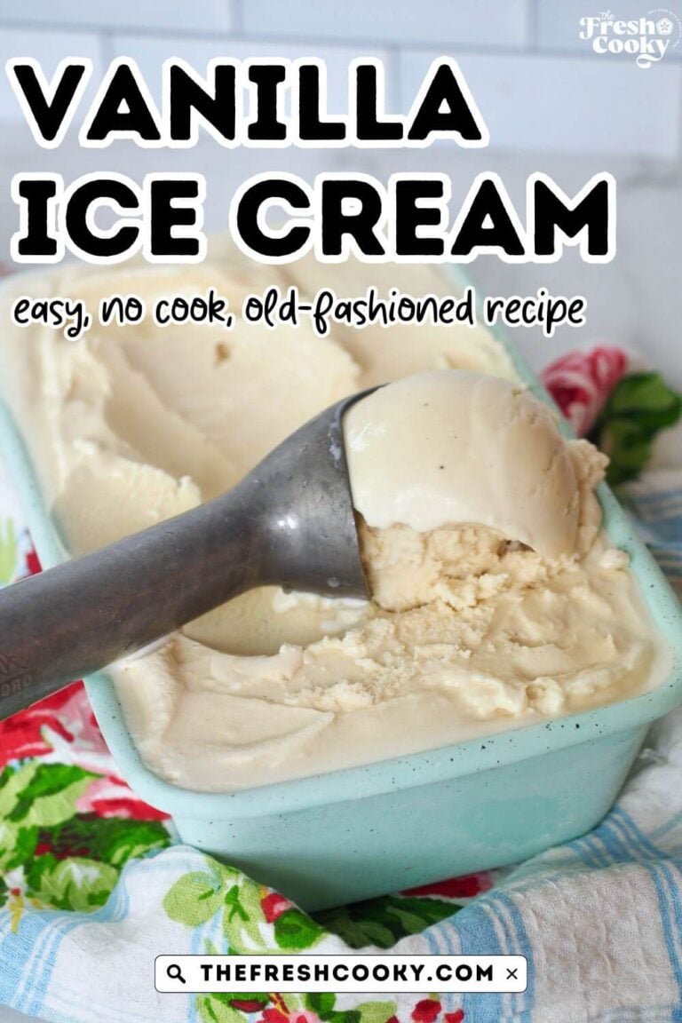 Ice cream scoop, with scoop of vanilla bean ice cream, to pin.